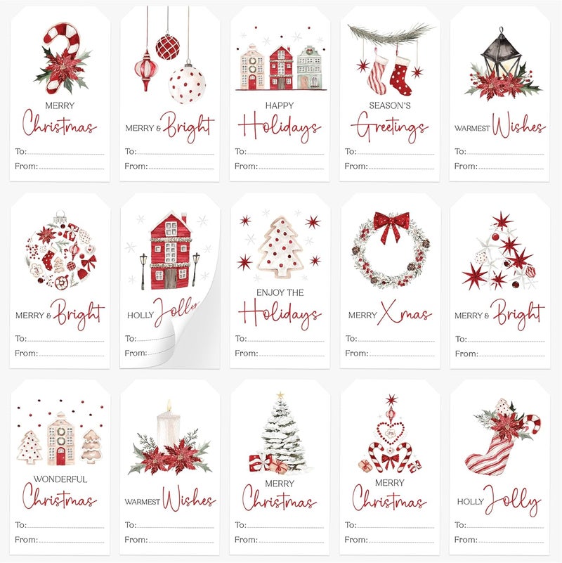 AUDREE 210 Pcs Christmas Gift Tag Stickers - Self-Adhesive Red & White Holiday Labels - 15 Watercolor Designs Christmas Name Tags Label Stickers for Xmas Gifts Wrap Presents Box Envelope Decor - Image 1